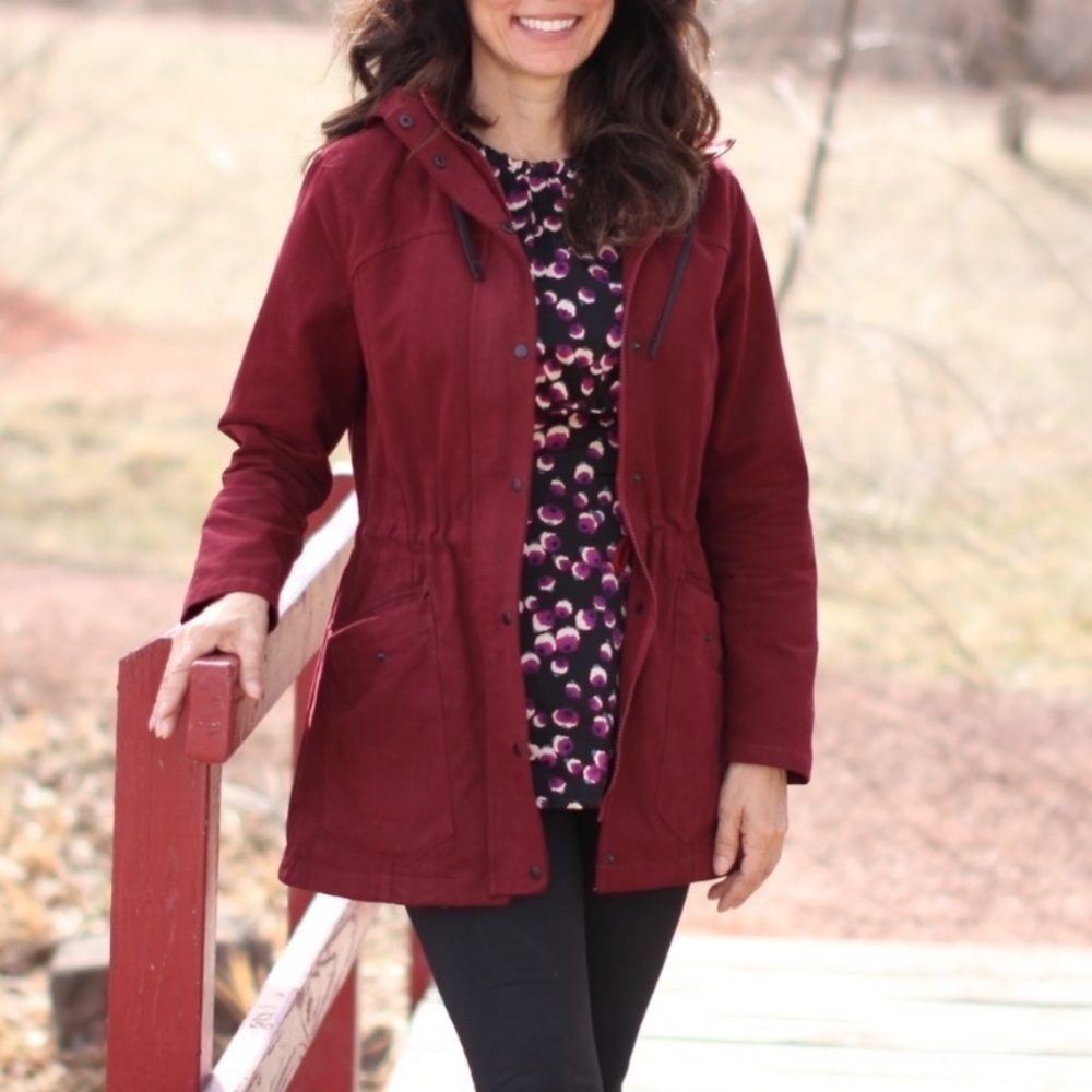 Betabrand Cabernet Maroon Red Full Zip Snap Field Jacket Utility Hooded Sz S